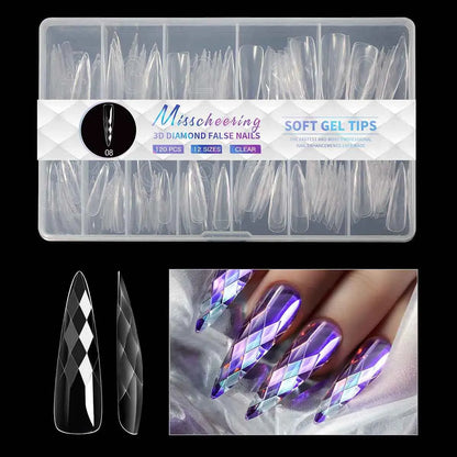 3D Diamond Rhombus False Clear Nail Tips Long Stiletto Coffin Full Cover Nail Art Decoration Tools 12 Sizes 120PC Press On Nails