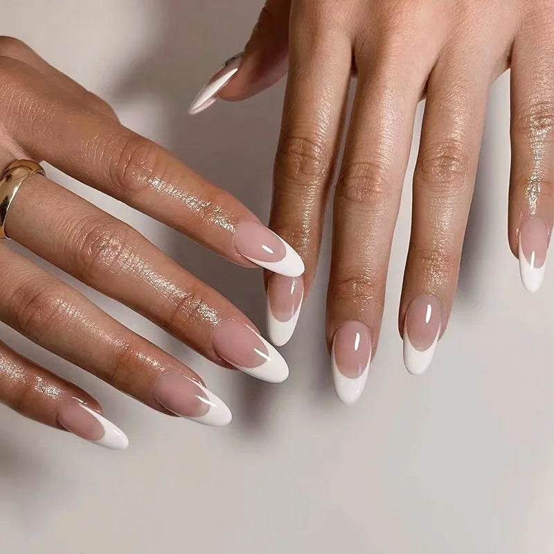 24Pcs Long Almond Fake Nails with White Edge Design Wearable French Press on False Nails Simple Full Cover Nail Tips Manicure