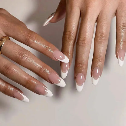 24Pcs Long Almond Fake Nails with White Edge Design Wearable French Press on False Nails Simple Full Cover Nail Tips Manicure