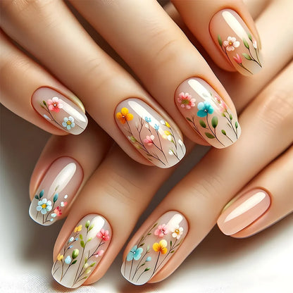 24pcs Short Square Amber Flower Fake Nail with Glue Wearable Autumn Designs Press on Nails Full Cover  Acrylic False Nails Tips