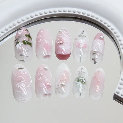 24Pcs Pink Almond False Nails Butterfly Ballet with French Design Wearable Fake Nails Simple Artificial Press on Nails Tips Art
