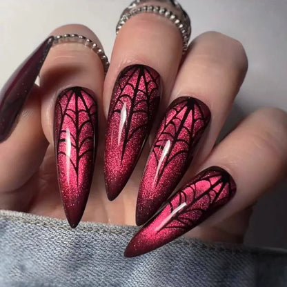 24pcs Blood Splatter Press-On Nails Set Almond-Shaped Long Length Glossy Finish Red and White Faux Nail Kit for Women Halloween