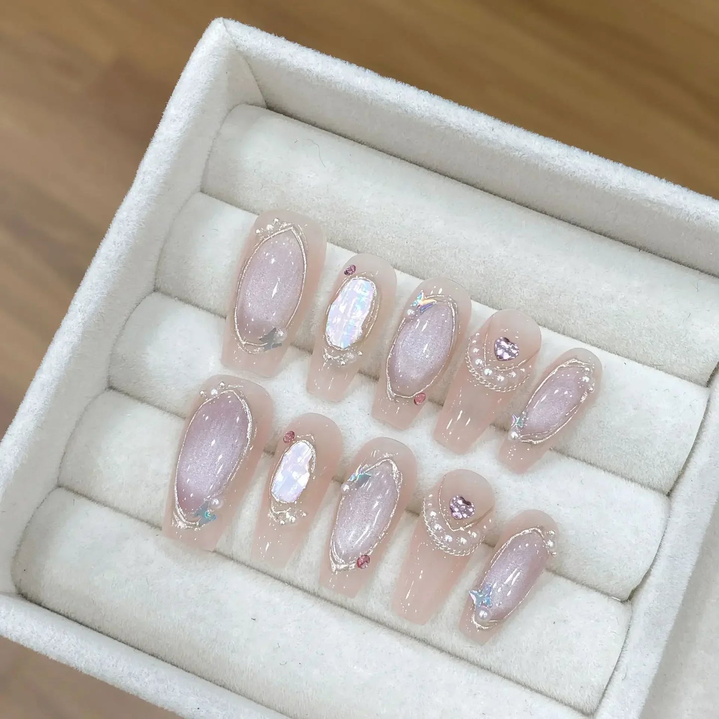 10Pcs Handmade Press on Nails Long Ballet Blue Fake Nails with 3D Ocean Moon Rhinestone Design False Nails Full Cover Nail Tips