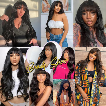 Body Wave Human Hair Wigs With Bangs 12A Peruvian Cheap Hair Wigs On Sale Clearance Full Machine Made Wig With Bangs For Woman