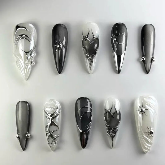 24pcs Black Cat's Eye Press on Nails Finished Ins Wearable False Nail Sets Love Design Stick on Nails Stilettos Fake Nail Tips