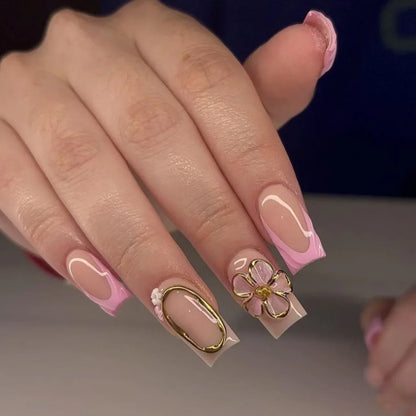 Pink Magic Mirror French 3D Flowers Nail Art Fashion Almond Wearable False Nails Detachable Finished Fake Nails Press on Nails
