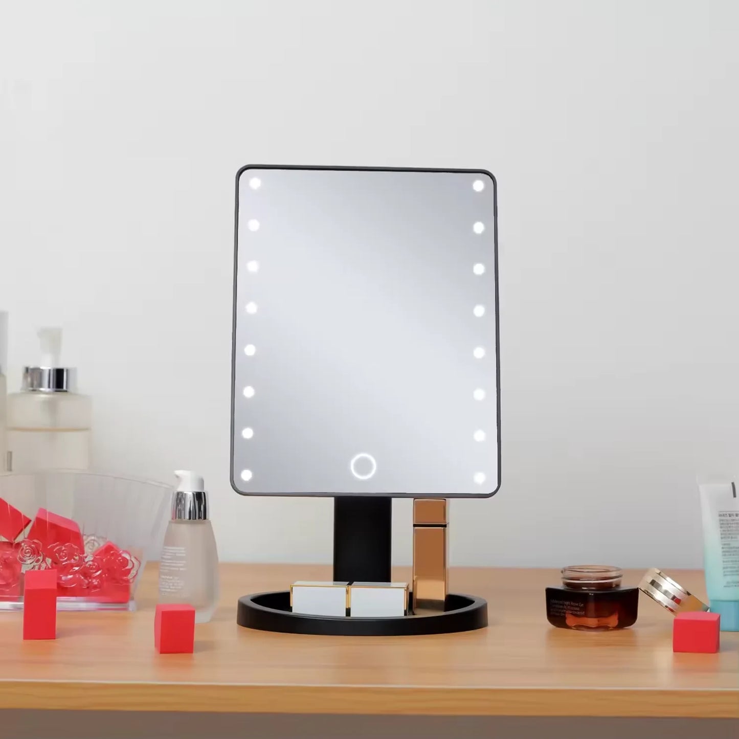 Vanity Lighted Makeup Mirror Square with stand, Desktop Beauty LED Cosmetic Mirror with Touch Screen Handheld Compact for Gifts