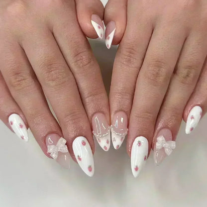 24Pcs Pink Almond False Nails Sweet Summer Fake Nail Cute Flowers Pearl Nails Press Ons Colorful Monet Press on Nails for Girls