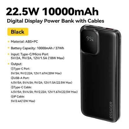 Essager Portable Power Bank 20000mAh with Two Built-in Cables External Battery PD 22.5W Fast Charging For iPhone 17 16 15 Xiaomi