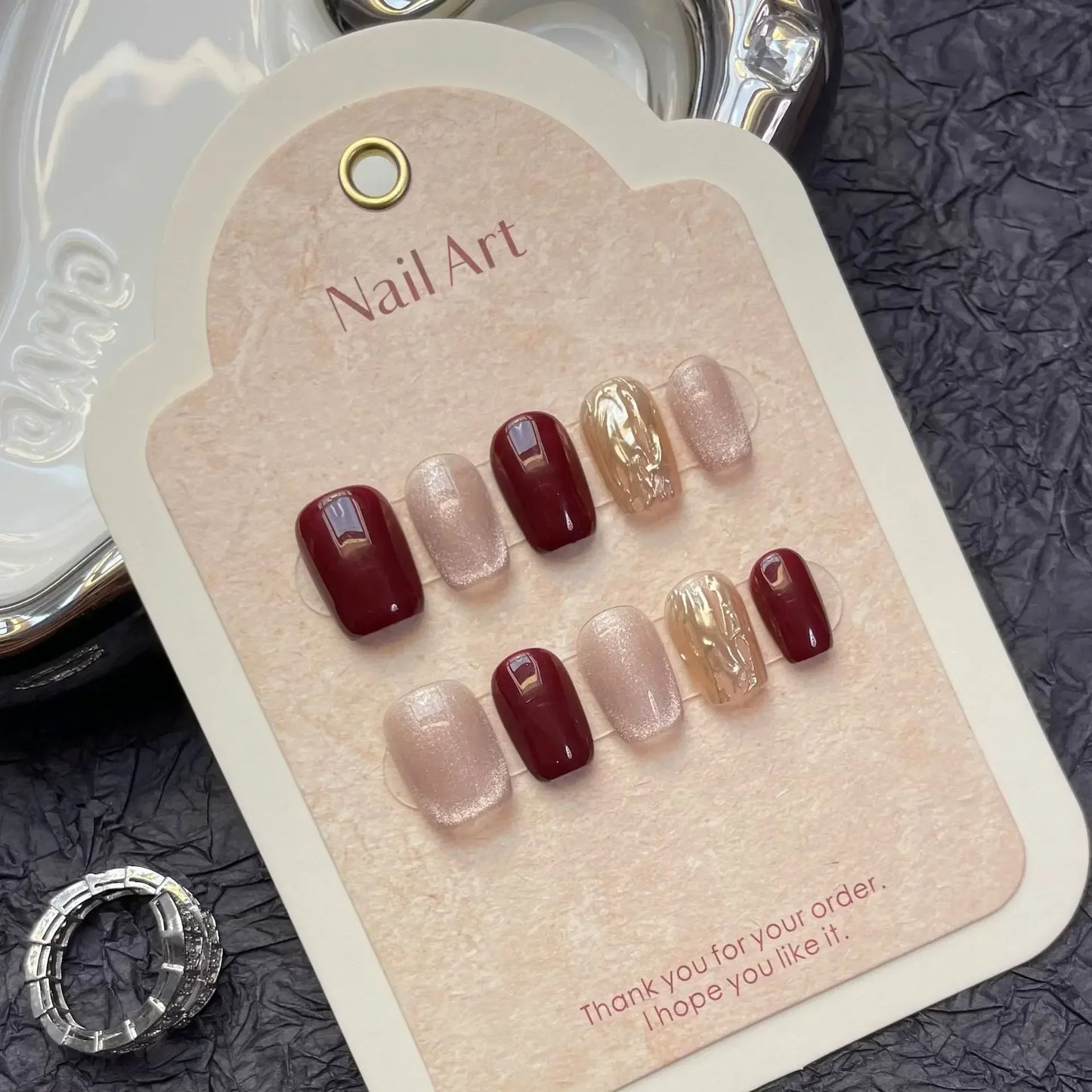 10Pcs Short Ballerina Handmade Press on Nails Blue Cat Eye Fake Nails Wearable Stick-on Nails Full Cover False Nail Uñas 네일팁