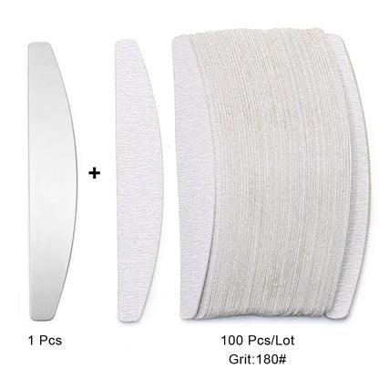 100 Pcs/Lot Replacement Nail Files 80/100/180/240 Grit Half Moon Grey Sandpaper Pads With Metal Handle Removable Durable Files