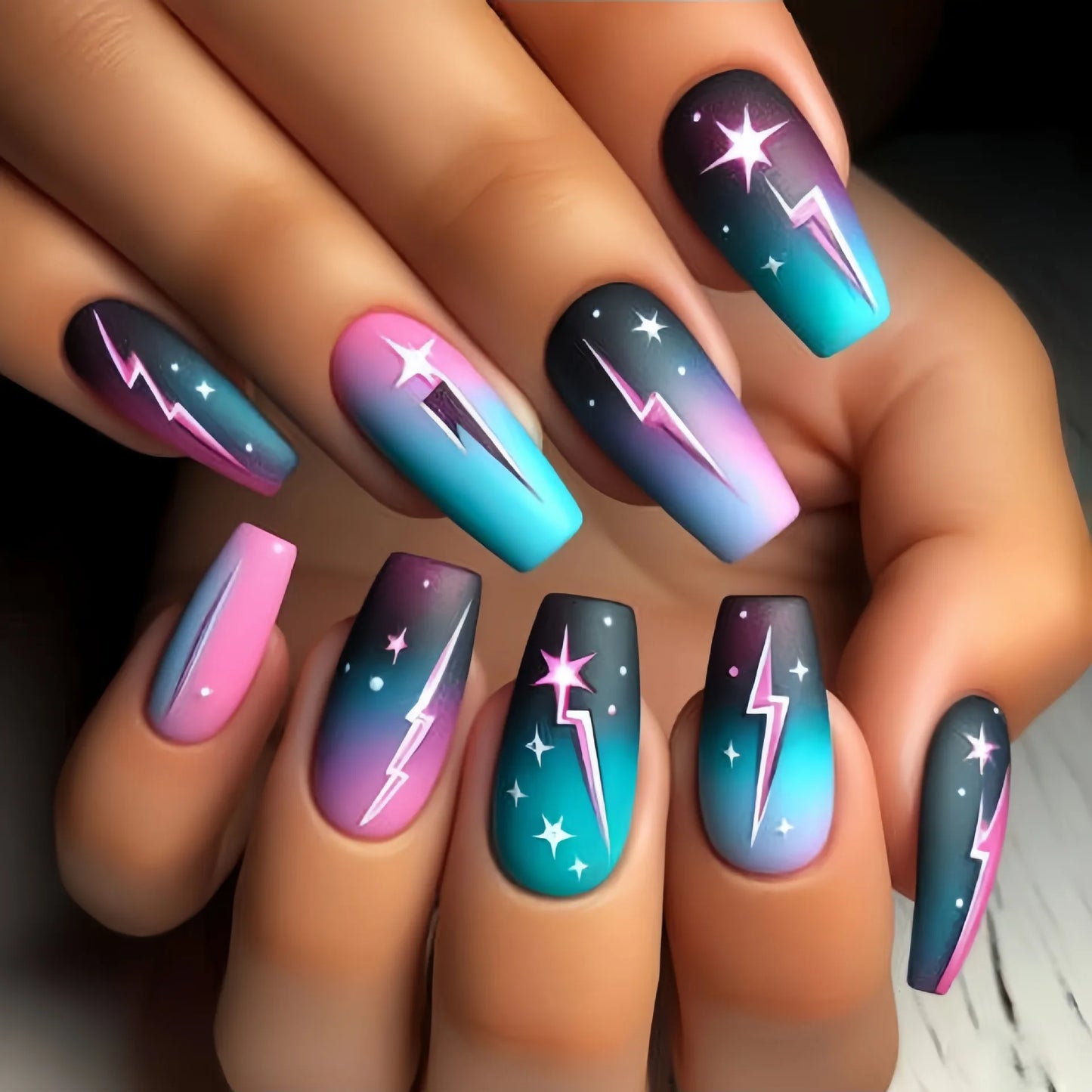 24pcs/set Medium long square fake nails for women starry sky gradient black blue purple moon star design press on false nails