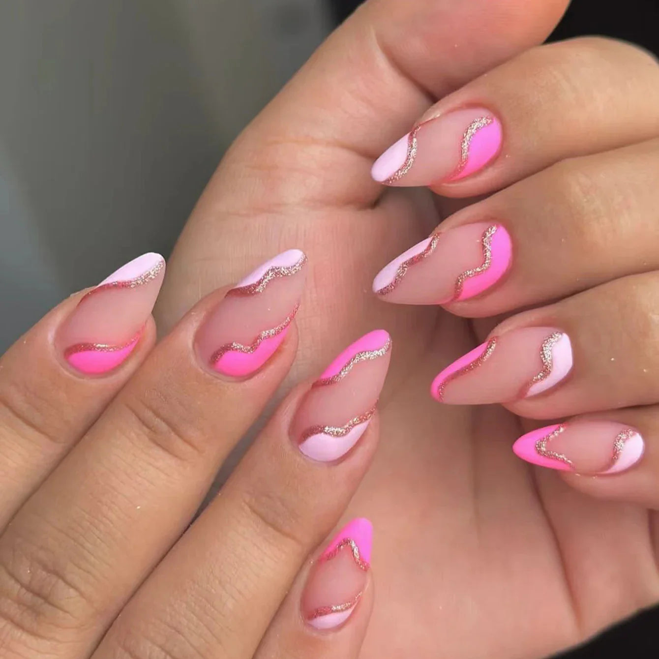 24PCS- white almond fake nails, red love pattern decoration, exquisite elegance, fashion generous, suitable for dating, dinner,
