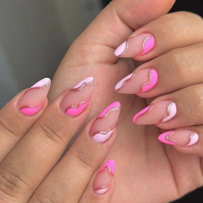 24PCS- white almond fake nails, red love pattern decoration, exquisite elegance, fashion generous, suitable for dating, dinner,