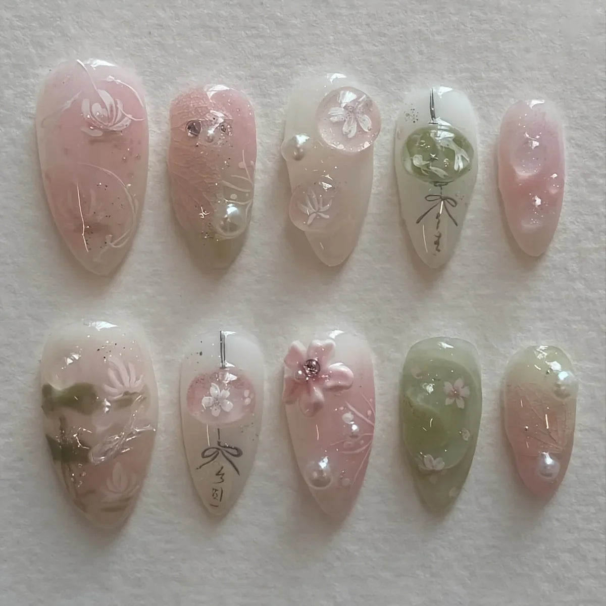10pcs Handmade Press on Nails Cartoon Shark Pattern Design Fake Nails Wearable Detachable Ins Simple Almond Shaped False Nails