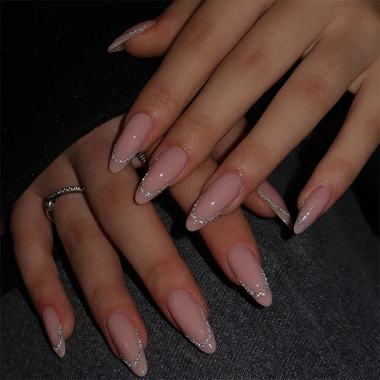 24Pcs Mid-length Almond Press on Fake Nails Shiny Powder French Design False Nails Simple Nude Detachable Full Cover Nails Tips
