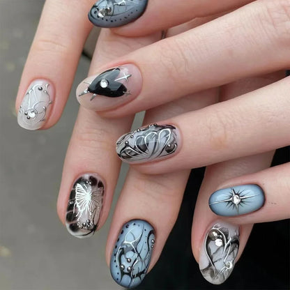 24Pcs False Nails Spicy Girl Silver Bow with Diamond Fake Nails with Glue Almond Press on Nails Black Cool Y2k Almond Nail Set