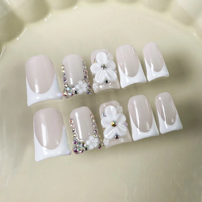 10pcs Pink Duckbill Handmade Press on Nails Art Simple White French Short Fake Nail Wearable Rhinestones Design False Nails Tips