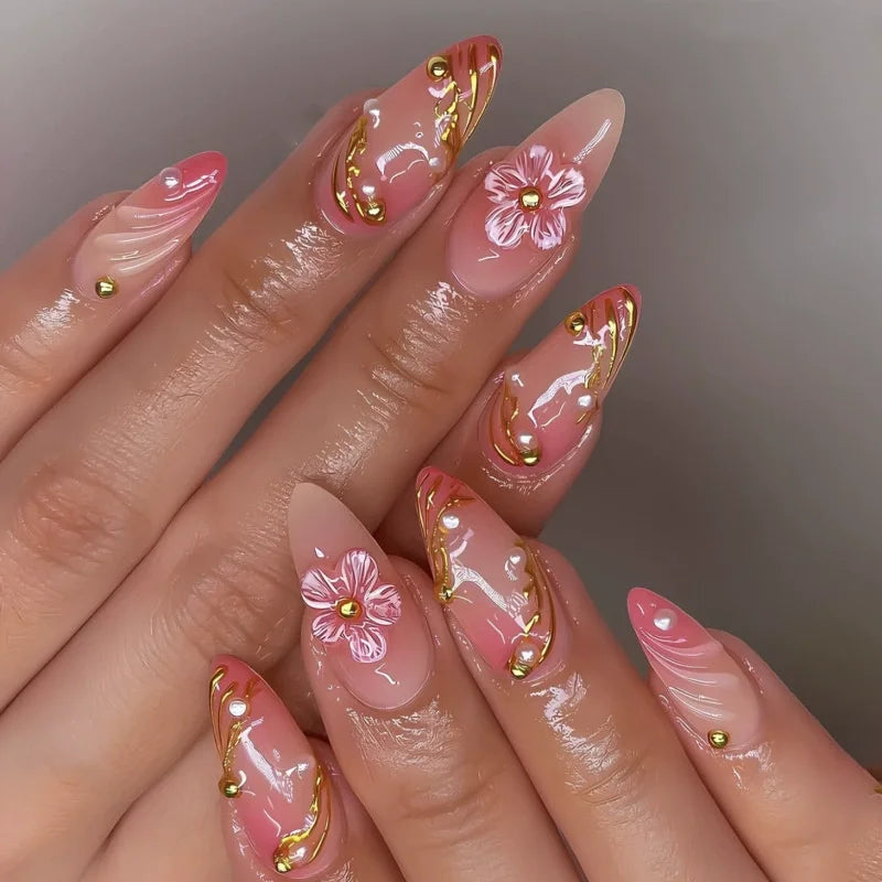 24pcs Pink Flower Almond Press on Nails Simple Fake Nails False Nails Artificial Tip Накладные Ногти Uñas Postizas Mujer 네일팁