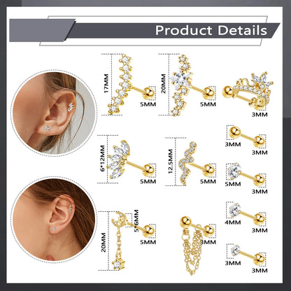 Drperfect Stainless Steel Stud Earrings for Women Men Star Moon Snake Cartilage Screw Back Earring Helix Piercing Jewelry