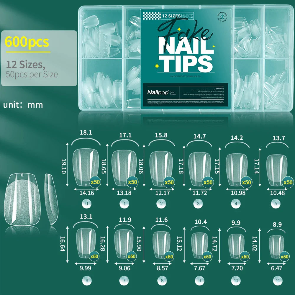 Nailpop 600PCS Soft Gel X Nail Tips Full Cover Coffin Stiletto Fake Nails Extra Short Almond Square Soak Off Gel False Nail Tips