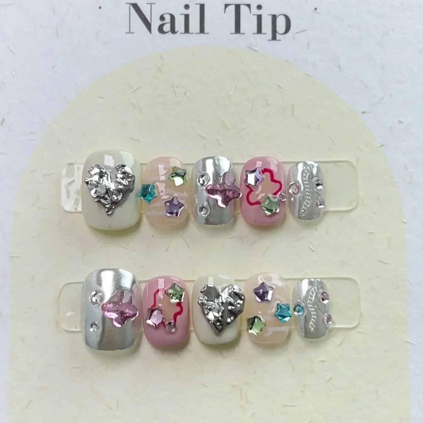 10Pcs Handmade Gothic Short Press on Nails Rhinestone Round Manicure Decoration Wearable Full Cover with Design Acrylic Nail Tip