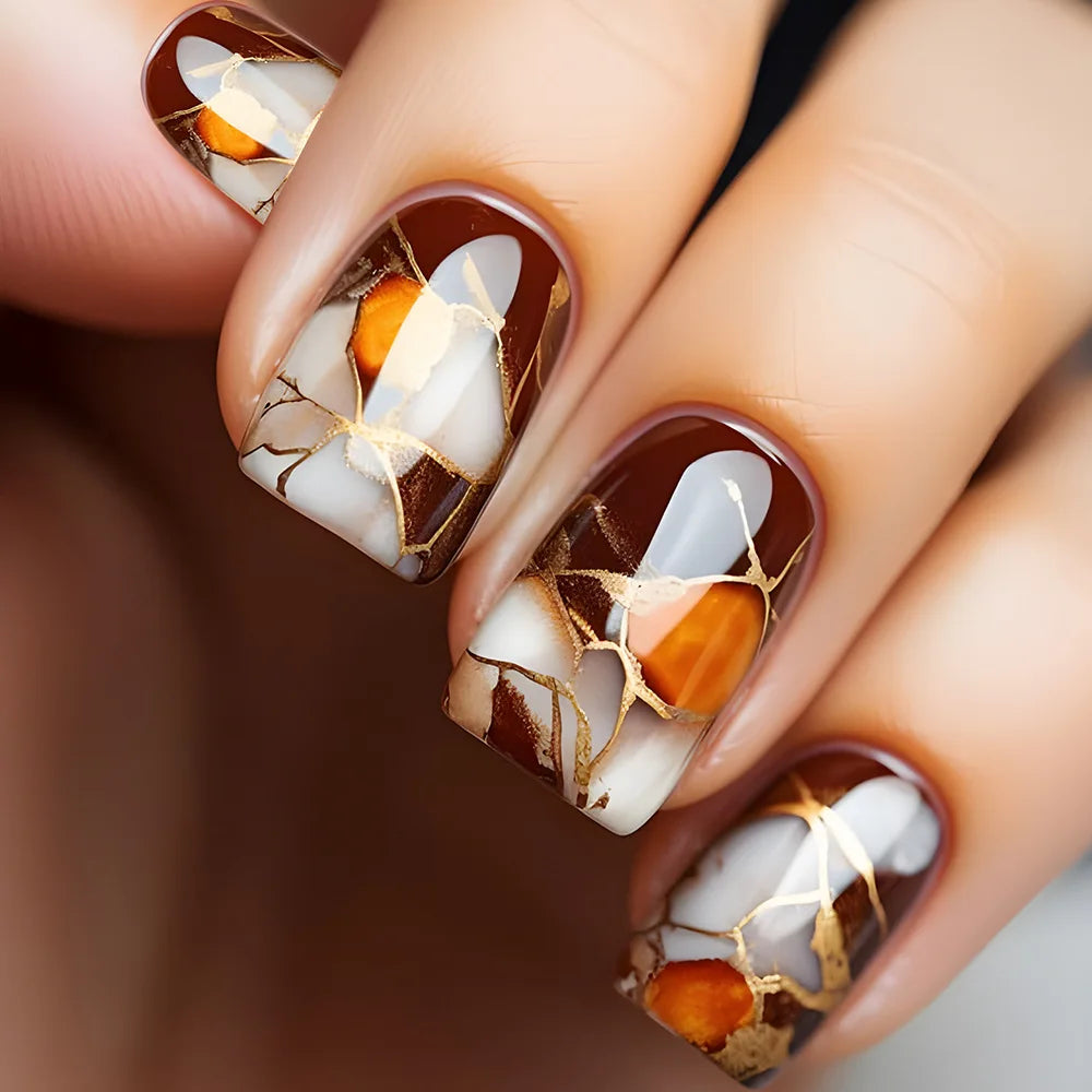 24pcs Press on Nails Flower Design Mid-length Ballet False Nail Fashion Brown Full Cover Manicure Tips Datachable Fake Nails Set