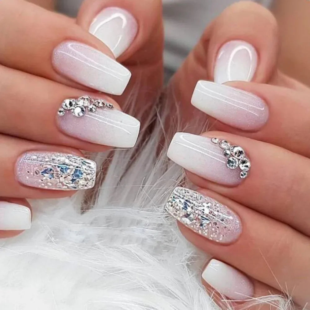 24Pcs Shiny Pearl Wearable False Nails Short Square Fake Nail Simple Summer Press on Nails Detachable Full Cover Nail Tips