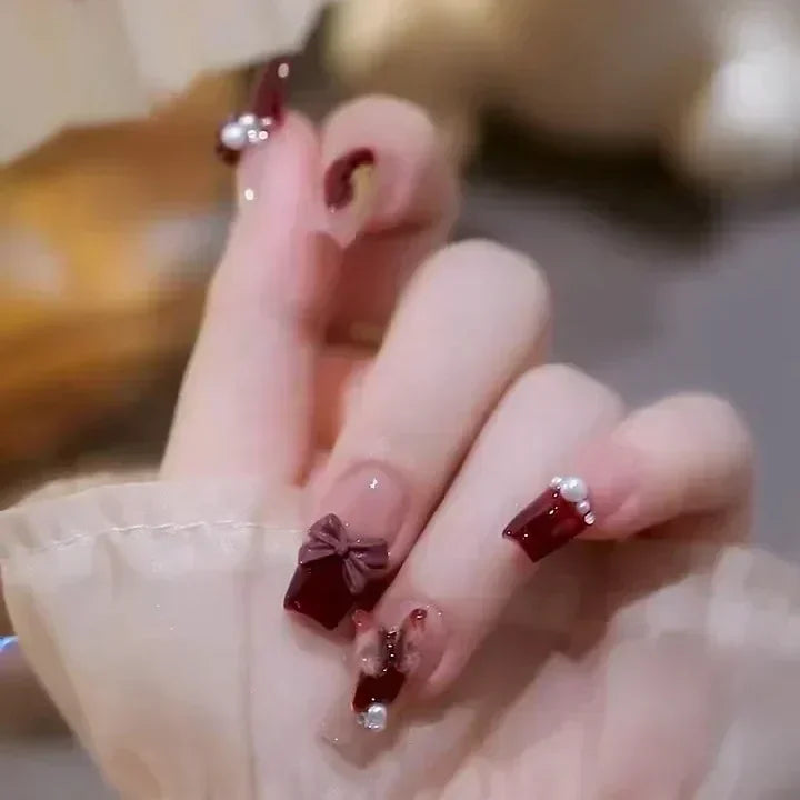 24Pcs Short Ballerina False Nail Tips with Pearl Detachable French Fake Nails Pink Cute Full Cover Press on Nails Manicure Tools