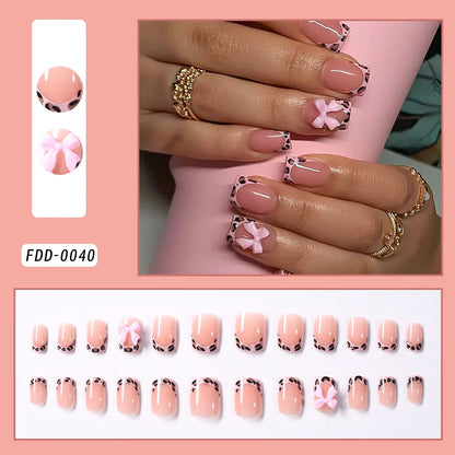 24Pcs Gold Ripple Brown Flowers False Nails with Rhinestones Pearl Design Wearable Almond False Nails Full Cover Press on Nails