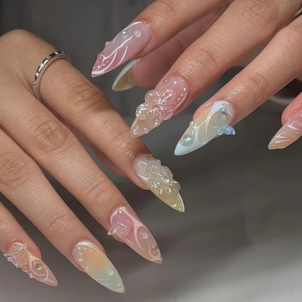 Pink Magic Mirror French 3D Flowers Nail Art Fashion Almond Wearable False Nails Detachable Finished Fake Nails Press on Nails