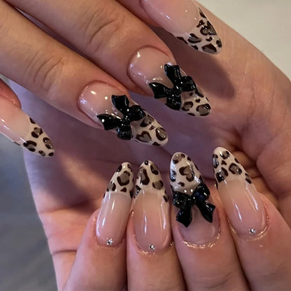 10pcs-XS/S/M French Almond Press on Nails Leopard Print False Nails 3D Bow Wearable Stick-on Nails Fake Nail