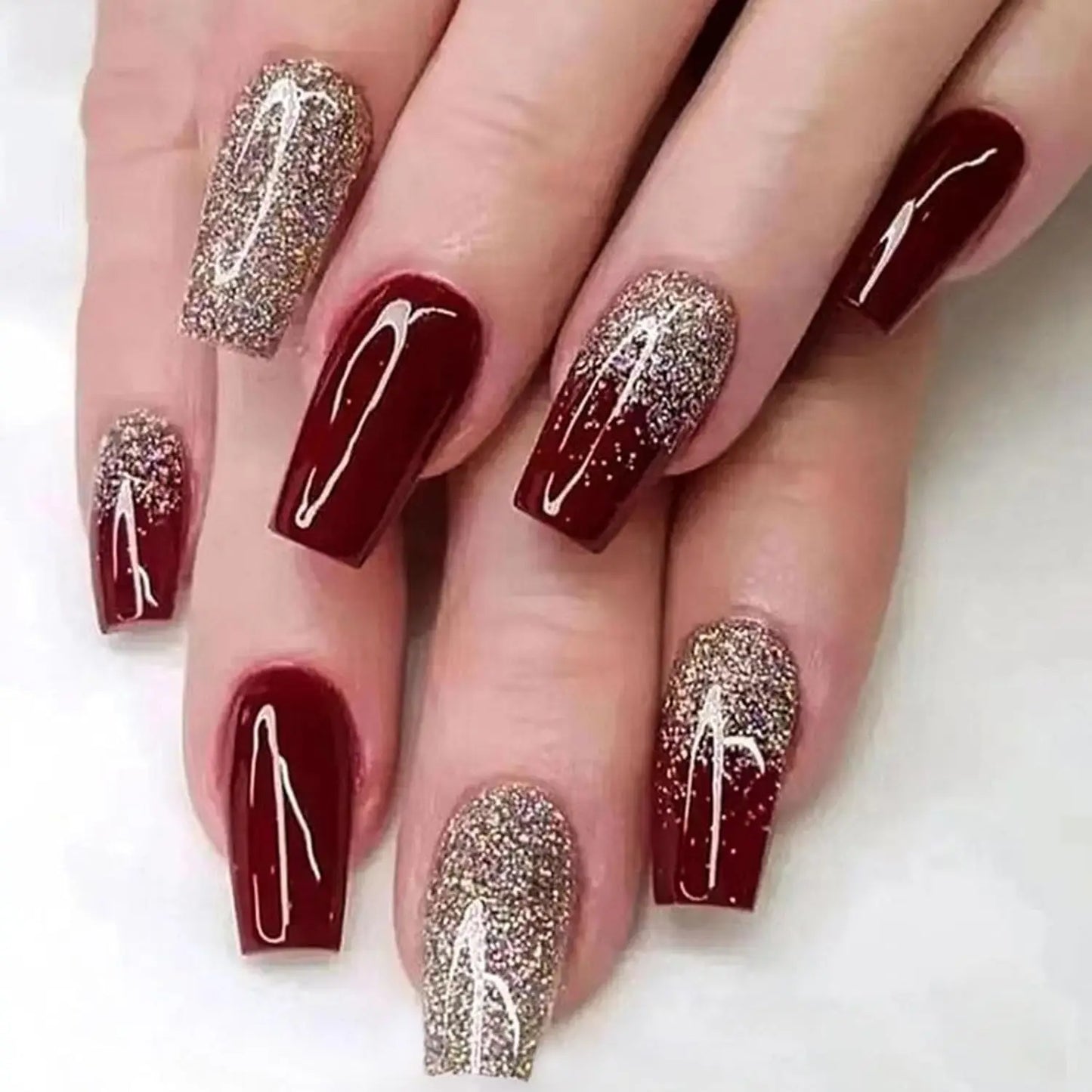 24PCS Long coffin fake nails with wine red color, acrylic shiny gold shimmering wine red design