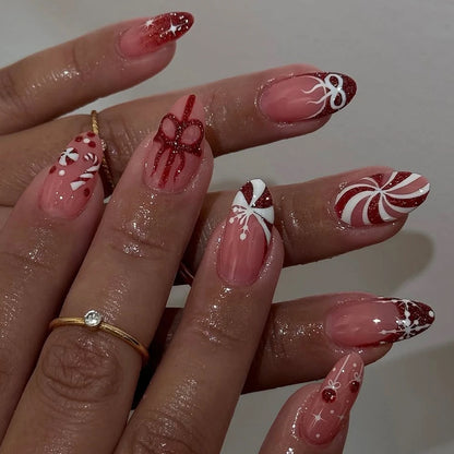 24PCS Christmas Press on Nails Almond Short Fake Nails with Snowflake Bow Designs ress on Nails Red Nails for Christmas