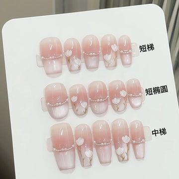 10pcs Hand-painted Tulip Fake Nail Patches Sweet Pink Pearl Cat's Eye Handmade Press On Nails Ins Simple False Nail For Summer