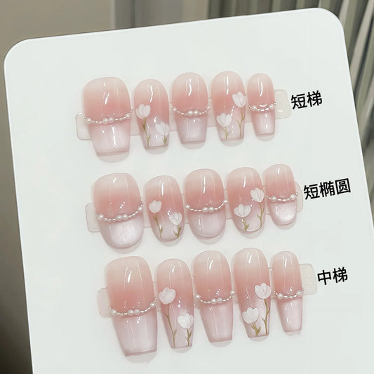 10pcs Hand-painted Tulip Fake Nail Patches Sweet Pink Pearl Cat's Eye Handmade Press On Nails Ins Simple False Nail For Summer