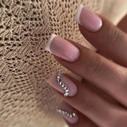 24Pcs Shiny Pearl Wearable False Nails Short Square Fake Nail Simple Summer Press on Nails Detachable Full Cover Nail Tips
