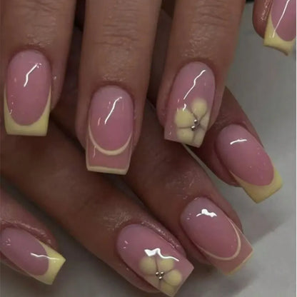 24Pcs Fairy White Flower Fake Nails Pink French Tip Press on Nails Short Square Wearable False Nail for Women Girls DIY Manicure
