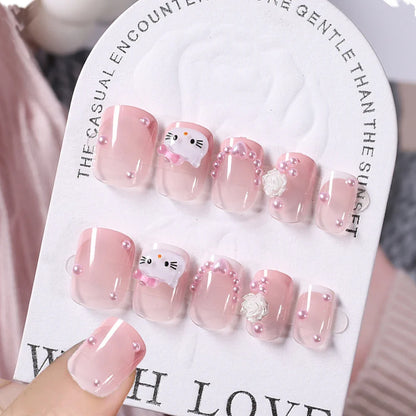 24Pcs Pink French Leopard Hello Kitty False nails 3D Y2k Star Heart Kitty Cat Rhinestones Press On Nails Cute Cartoon Fake Nails