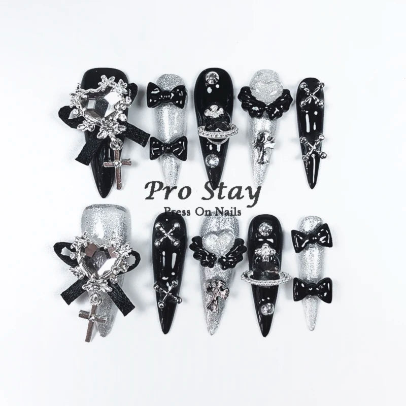 10pcs Dark black Y2k Hot Girl Handmade Press On Nails Sweet Cool  With Diamond Metal Decoration Wearable Artificial False Nail