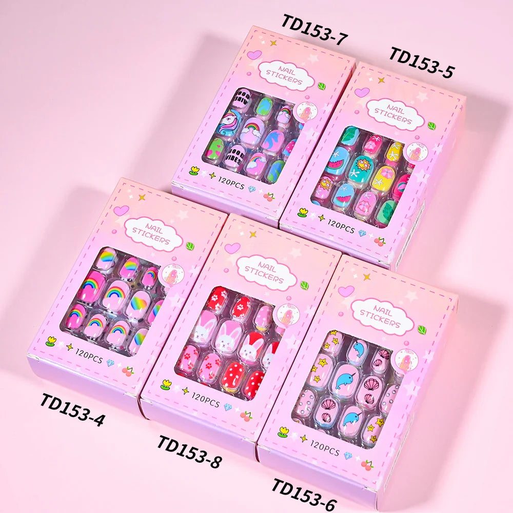 120Pcs Children's Press on Nails Kids Cartoon Acrylic Fake Nails Tips Kawaii Girl Full Cover Short False Nails With Jelly Glue#@