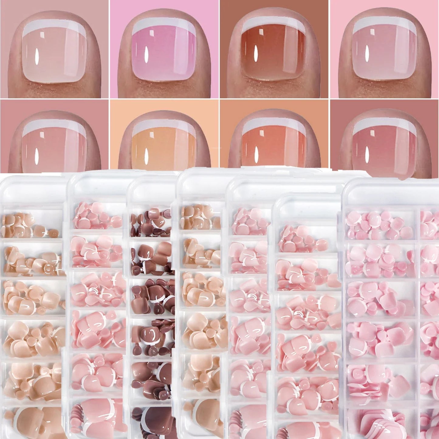 120Pcs Glossy Nude Pink French Press-On-Toenail Set 1*Box Short French Square  Fake Toe Nails Solid-Color Manicure Toenails Tips