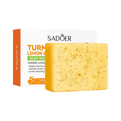 Lemon Turmeric Brightening Soap Handmade Deeply Cleansing Glowing Body Exfoliating Shower and Face Soap Body Care with Net 100g