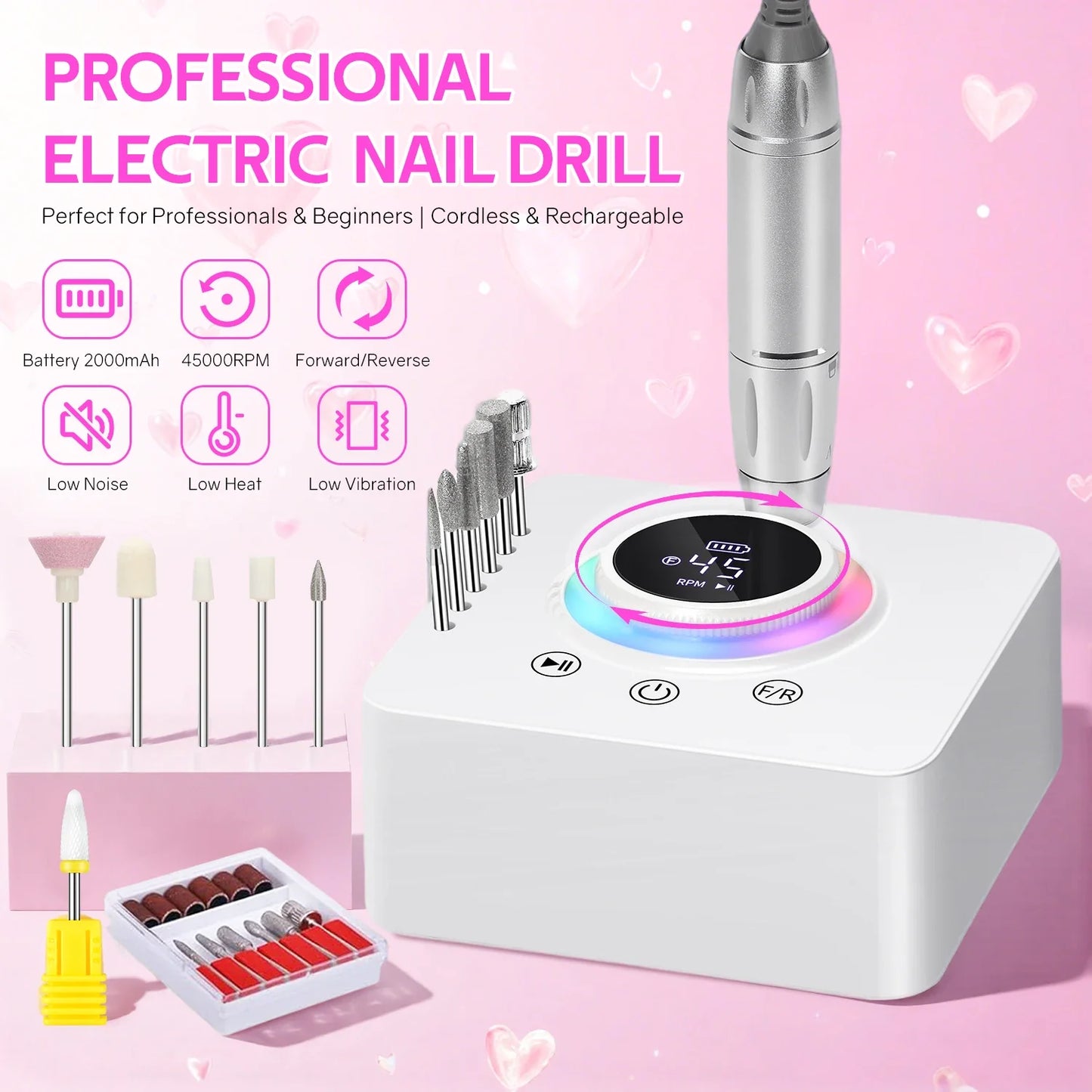 DianaBeauty 45000RPM Rechargeable Nail Drill Machine Nail Polish Polisher Electric Manicure Sander Low Noise Nail Salon Tools