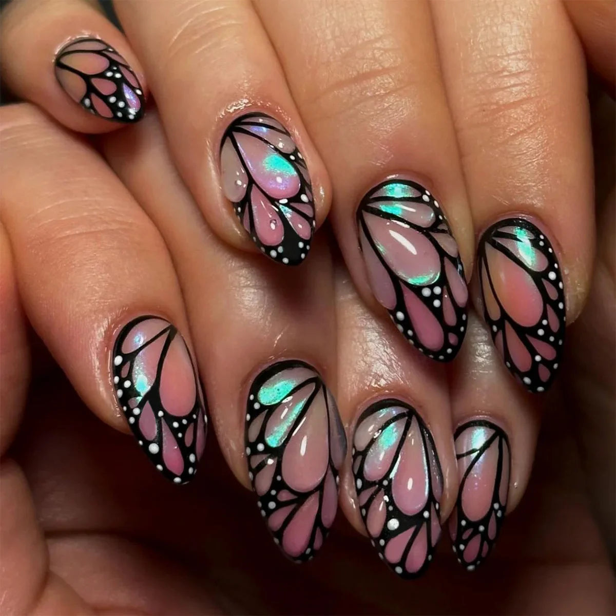 24pcs French Almond Press on Nails Flower False Nails Wearable Stick-on Nails Fake Nail Uñas Postizas Mujer Накладные Ногти 네일팁