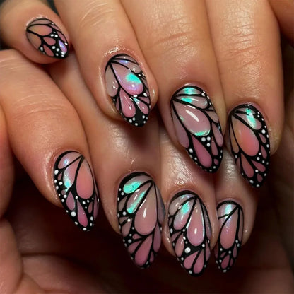 24pcs French Almond Press on Nails Flower False Nails Wearable Stick-on Nails Fake Nail Uñas Postizas Mujer Накладные Ногти 네일팁