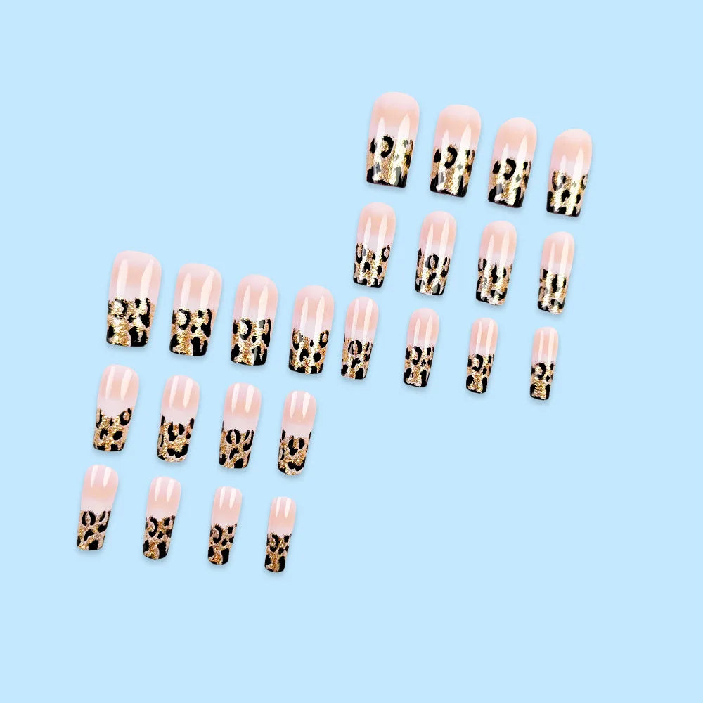 24pcs Luxe Fashion Press-On Nails Set - Long Square Glossy Finish with Leopard Print French Design - Perfect for Women and Girls