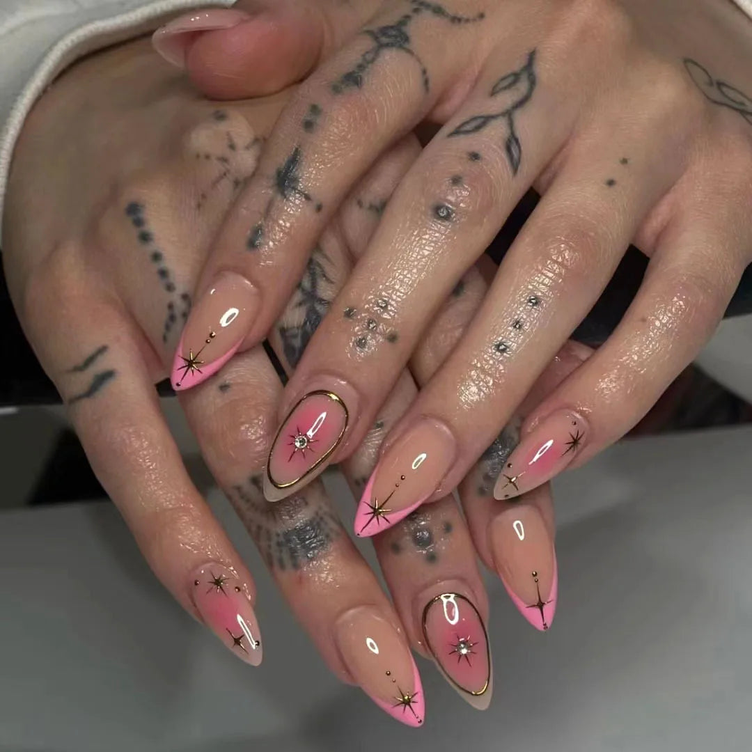 24Pcs Cyber Punk Style Almond False Nails Press on Pink Blush Full Cover Fake Nails 3D Ombre Wearable Acrylic Nail Manicure Tips