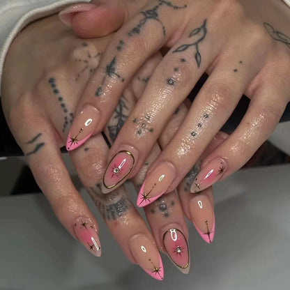24Pcs Cyber Punk Style Almond False Nails Press on Pink Blush Full Cover Fake Nails 3D Ombre Wearable Acrylic Nail Manicure Tips