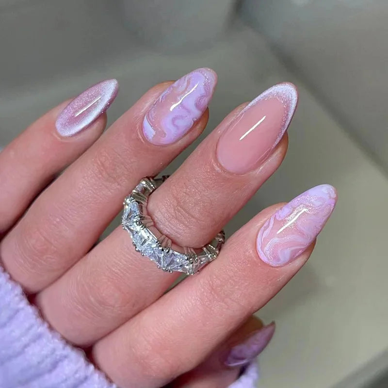 24Pcs Mid-length Almond Press on Fake Nails Shiny Powder French Design False Nails Simple Nude Detachable Full Cover Nails Tips